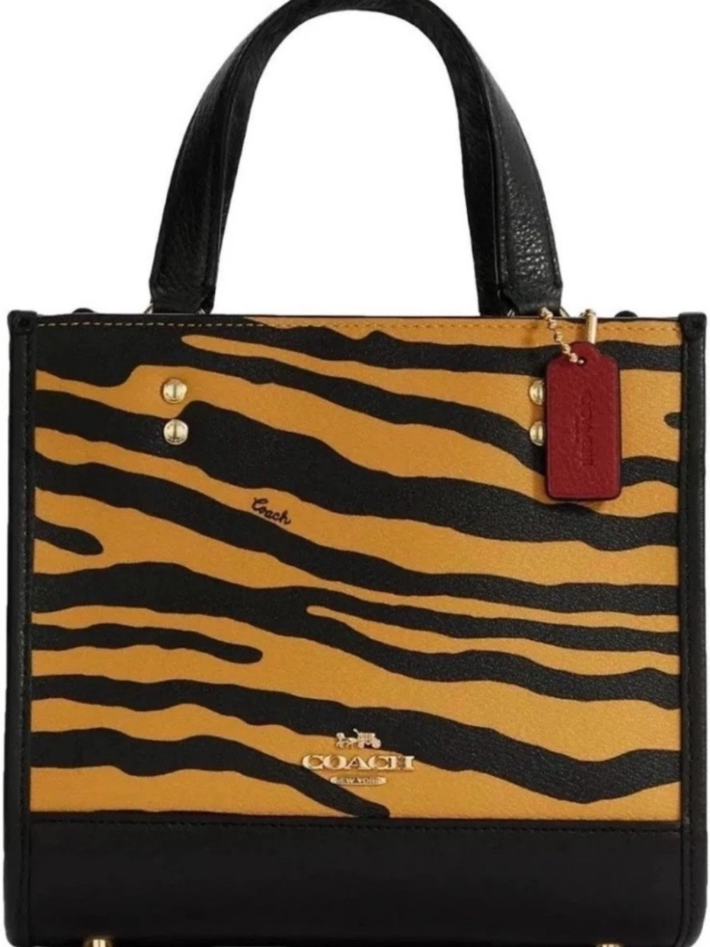 Coach Tiger-Print Mini Tote in Black, Tan and Red Accent Dempsey 22